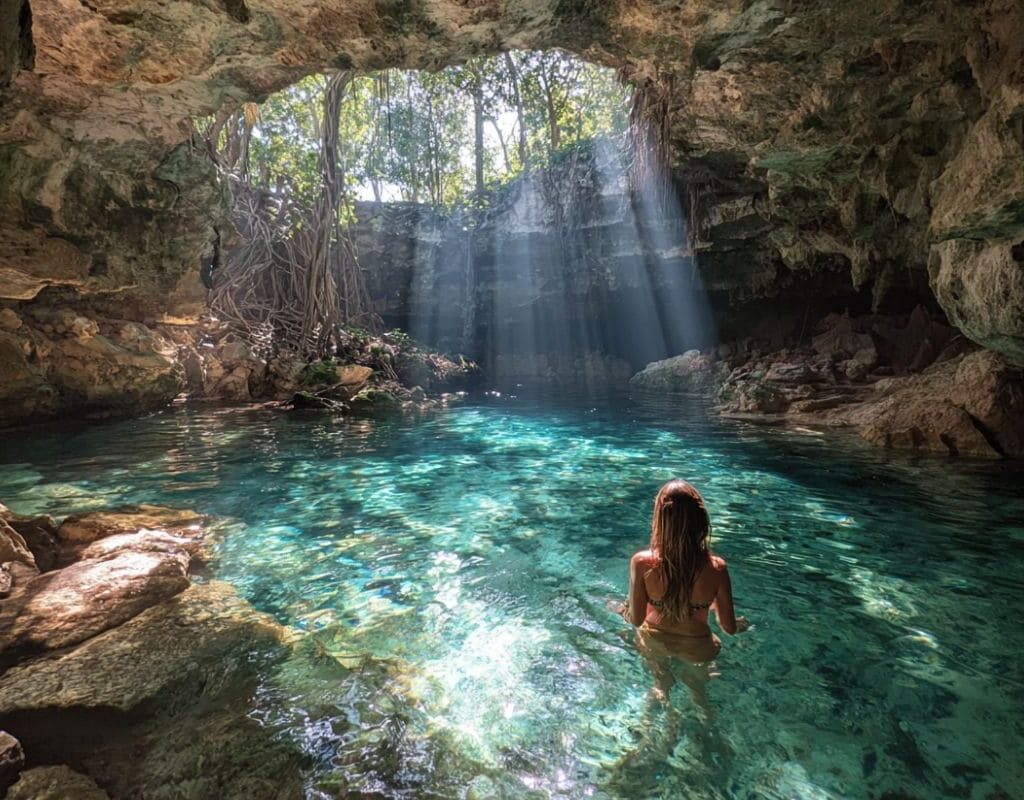 digital nomad dans un cenote au mexique